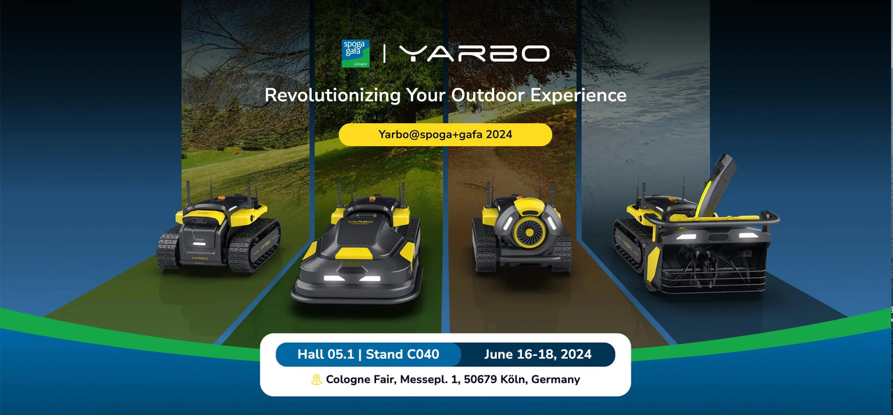 Four black and yellow YARBO robotic lawn mowers on display, promoting their presence at spoga+gafa 2024 in Cologne, Germany, June 16-18.
