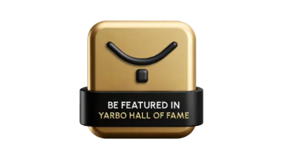 Golden square badge with black smiley face and ribbon reading "BE FEATURED IN YARBO HALL OF FAME"