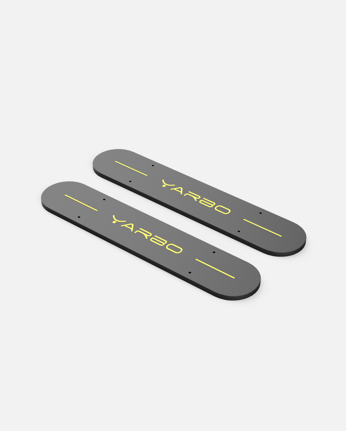 Dark gray weighted side plates with yellow YARBO logo and alignment lines, shown in top-down view, by YARBO