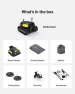 Black and yellow robotic lawn mower by Yarbo with tracked base, modular design, and included docking station, battery, and cutting discs.