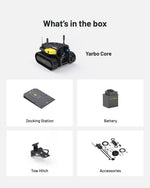 Black and yellow tracked robotic mower by Yarbo, with docking station, battery, tow hitch, and accessories shown.