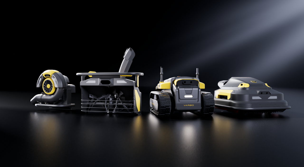 Four gray and yellow YARBO robotic machines displayed in a row on a dark reflective surface under spotlight lighting.
