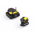 Black and yellow robotic lawn blower by Yarbo with tracked base and detachable blower unit, shown in studio view