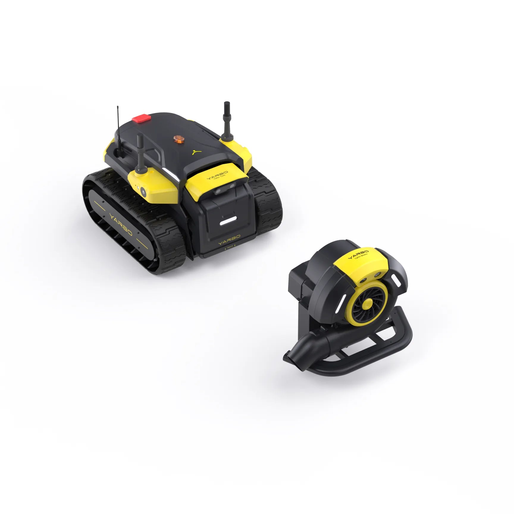 Black and yellow robotic lawn blower by Yarbo with tracked base and detachable blower unit, shown in studio view