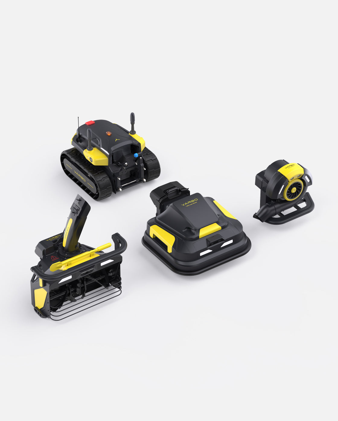 Black and yellow robotic lawn mower with snow blower and blower attachments by Yarbo, shown in multiple angles on white background