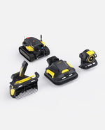 Black and yellow robotic lawn mower with snow blower and blower attachments by Yarbo, shown in multiple angles on white background