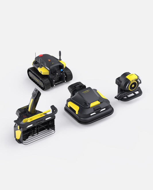 Black and yellow robotic lawn mower with snow blower and blower attachments by Yarbo, shown in multiple angles on white background