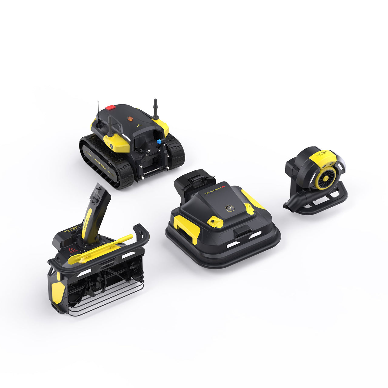 Four black and yellow YARBO robotic lawn mowers and garden tools arranged on a white background.