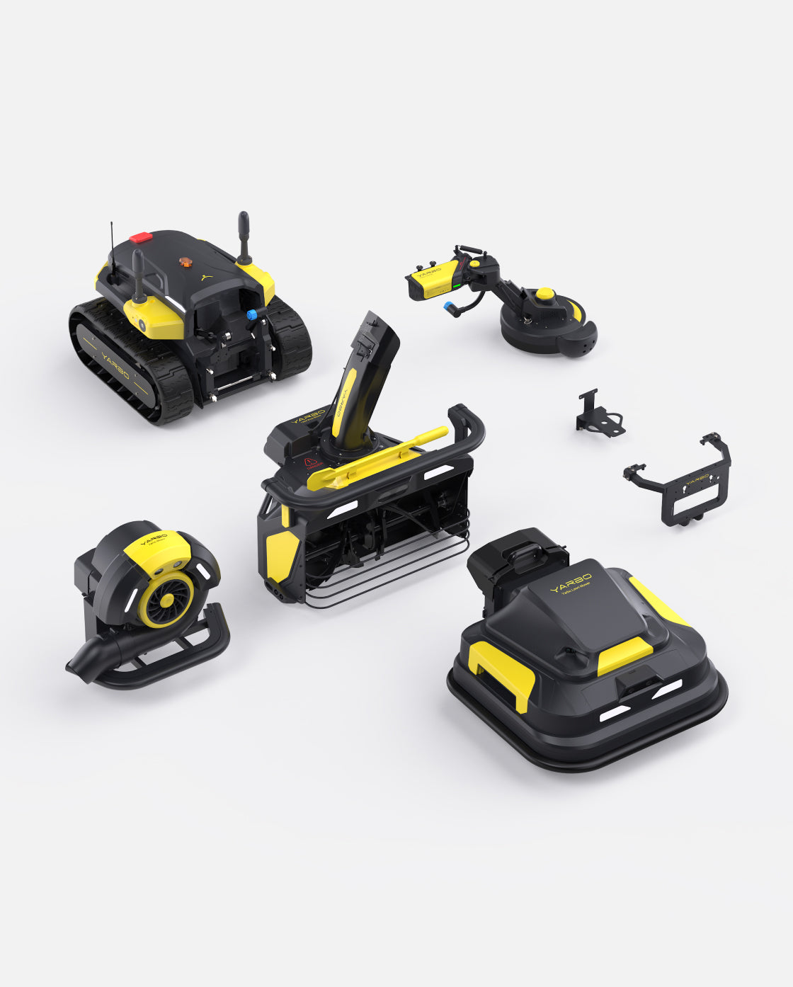 Black and yellow robotic lawn mower with snow blower, blower, and trimmer attachments by Yarbo, shown in overhead product layout