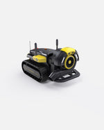 Black and yellow robotic leaf blower by Yarbo with tracked base, front-facing fan, and antenna, shown in angled studio view
