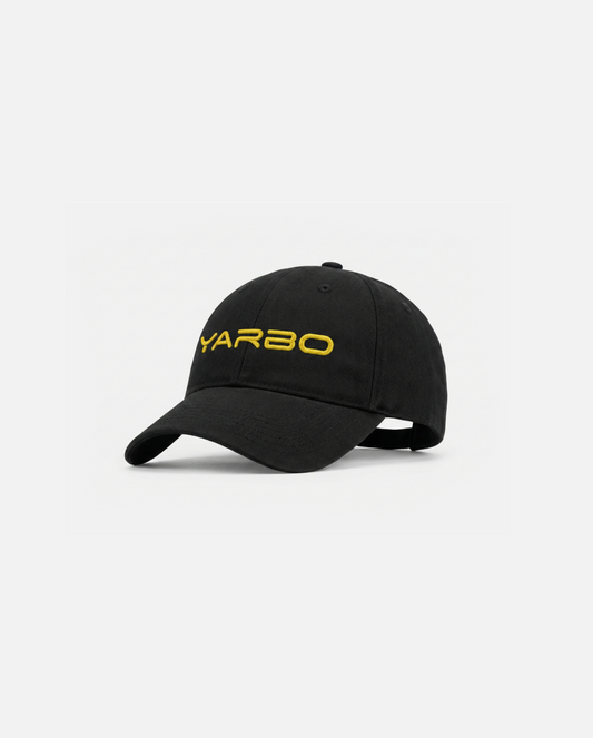 Black cotton baseball cap with yellow embroidered YARBO logo, side view, structured crown and curved brim by Yarbo