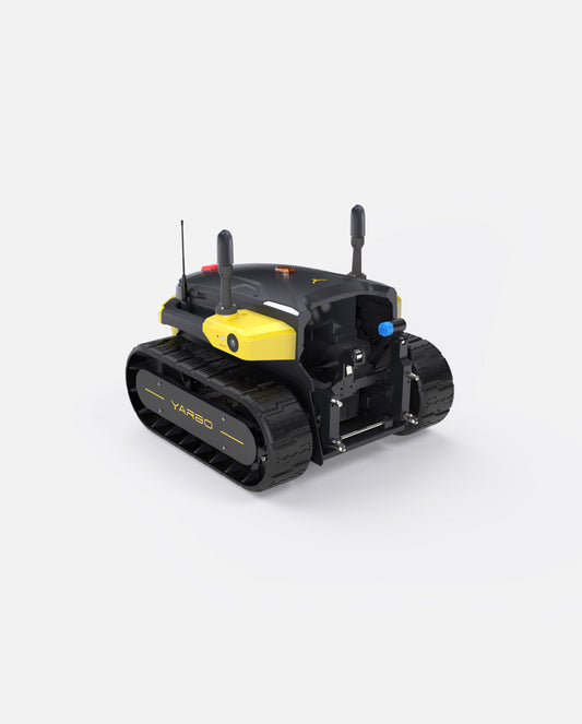 Black and yellow tracked robotic platform by Yarbo, featuring antennas, camera, and rugged design, side view on white background