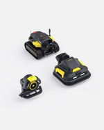 Black and yellow robotic lawn mower and blower set by Yarbo, featuring tracked and wheeled models with compact design, shown in studio layout.