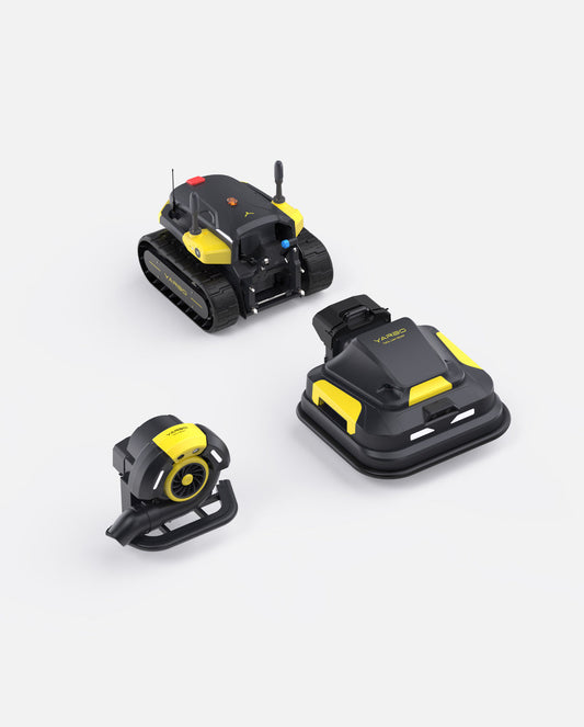 Black and yellow robotic lawn mower and blower set by Yarbo, featuring tracked and wheeled models with compact design, shown in studio layout.