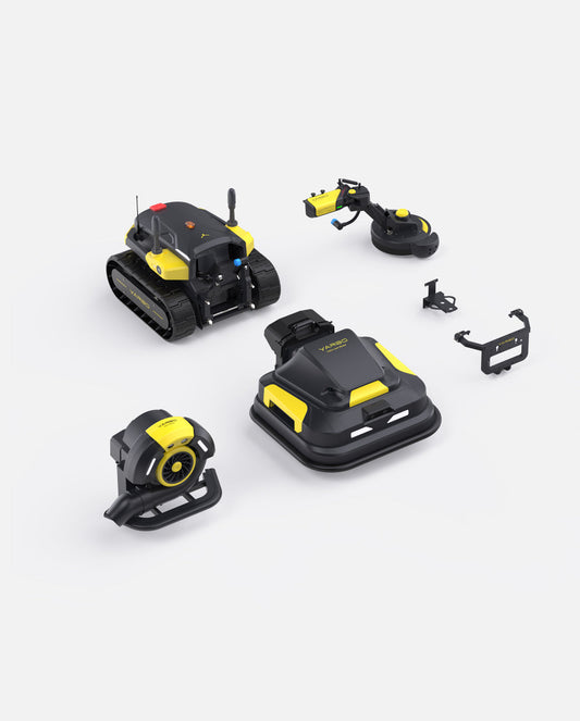 Black and yellow robotic lawn mower, blower, and trimmer package by Yarbo, shown with attachments in overhead view