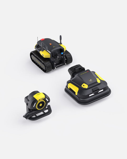 Black and yellow robotic lawn mower and blower set by Yarbo, featuring tracked and wheeled models with compact design and visible control buttons, shown in studio product view.