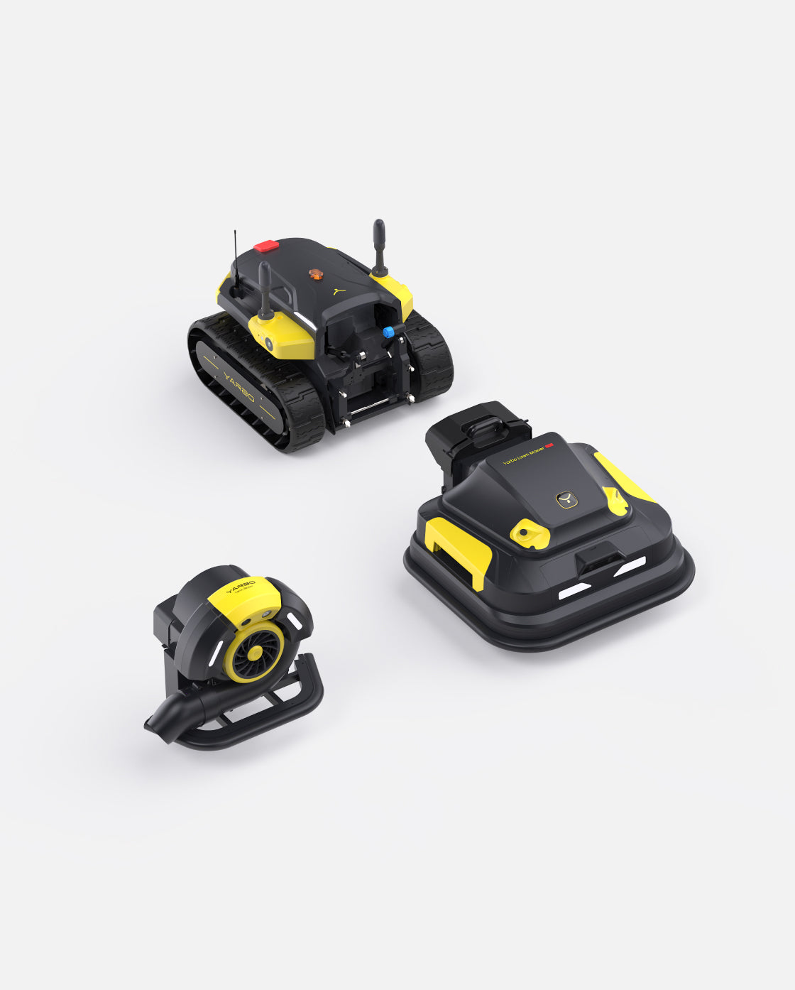 Black and yellow robotic lawn mower and blower set by Yarbo, featuring tracked and wheeled models with compact design and visible control buttons, shown in studio product view.