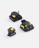 Black and yellow robotic lawn mower and blower set by Yarbo, featuring tracked and wheeled models with compact design and visible control buttons, shown in studio product view.