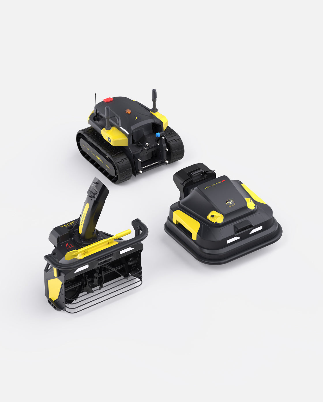 Black and yellow robotic lawn mower and snow blower attachments by Yarbo, shown in three angles with tracked base and modular design.