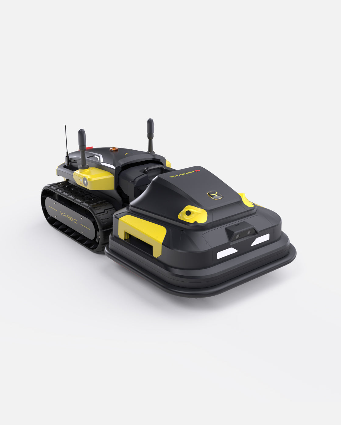 Black and yellow robotic lawn mower by Yarbo, featuring tank-style treads, dual antennas, and front sensors, shown in angled studio view.