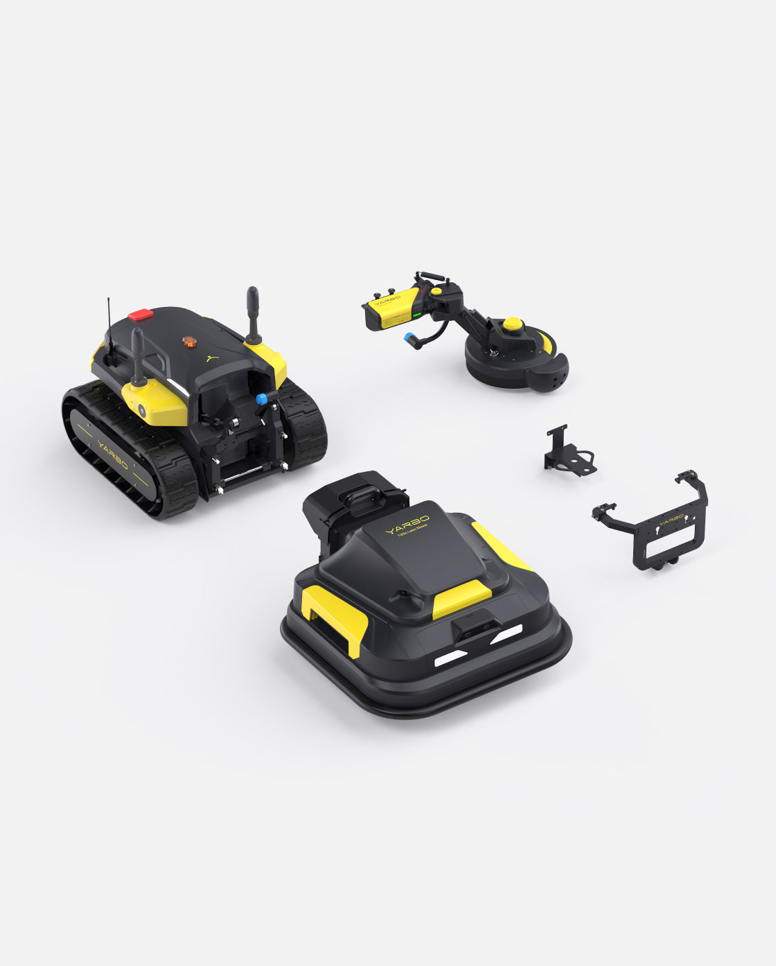 Black and yellow robotic lawn mower and trimmer package by Yarbo, featuring tracked and wheeled units with accessories, shown in product layout view.