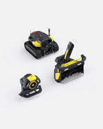 Black and yellow robotic snow blower by Yarbo with tracked base, blower attachment, and compact handheld unit, shown in three angles on white background