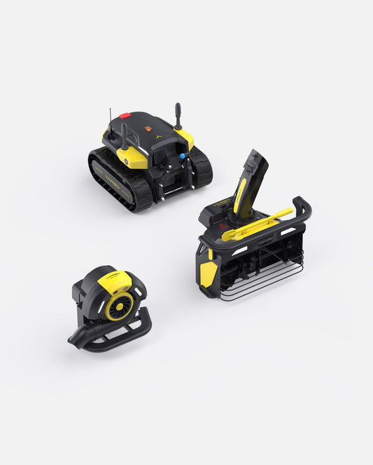 Black and yellow robotic snow blower by Yarbo with tracked base, blower attachment, and compact handheld unit, shown in three angles on white background