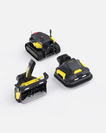 Black and yellow robotic lawn mower and snow blower attachments by Yarbo, shown in three angled views with tracked base and modular design.