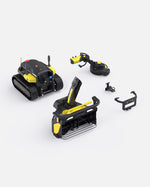 Black and yellow robotic snow blower and trimmer package by Yarbo, featuring tracked base, detachable attachments, and modular design, shown in studio layout.