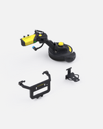 Yellow and black trimmer module with articulated arm and circular cutting head by YARBO, shown with mounting brackets in studio view