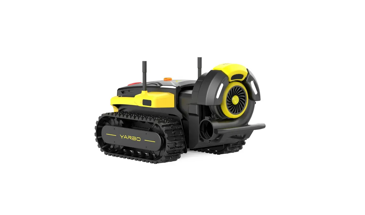 Yellow and black YARBO robotic lawn mower with tank treads and side discharge, isolated on white.