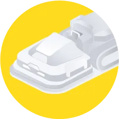 White 3D printer icon on yellow circular background, showing layered printing process.