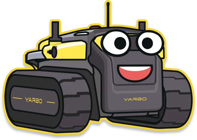 Cartoon robot tank with big eyes and smile, gray and yellow, labeled "YARBO" on tracks and front.