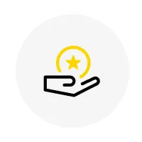 Black hand outline holding yellow circle with star, centered on light gray circle.