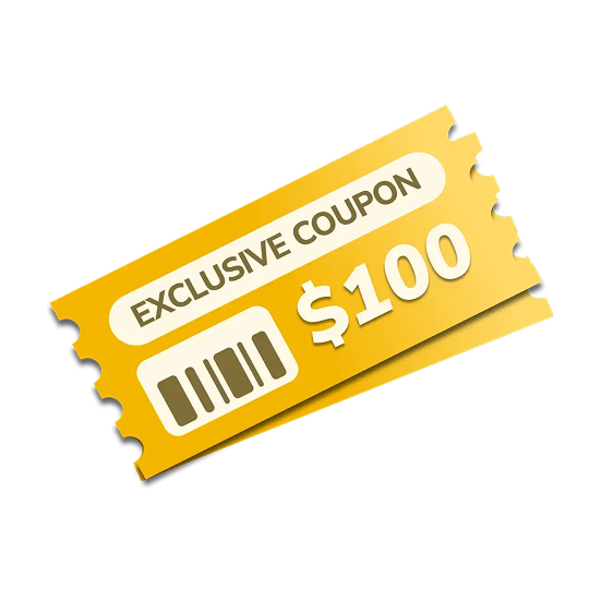 Golden ticket-style coupon with "EXCLUSIVE COUPON" and "$100" text, barcode, perforated edges, white background.