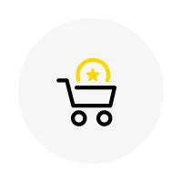 Black shopping cart icon with yellow star above, centered on light gray circle.