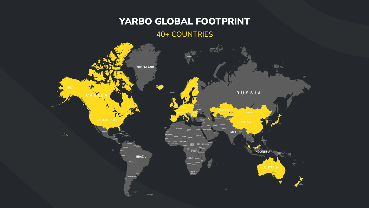 World map highlighting Yarbo's presence in 40+ countries, with yellow regions including North America, Europe, China, Australia, and parts of Asia and Oceania.