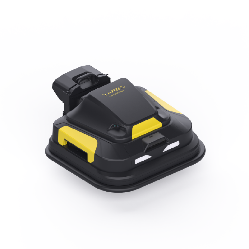 Black and yellow YARBO robotic lawn mower with compact design, visible brand logo, and white accents on clean white background.