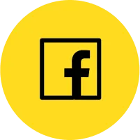 Yellow circle with black Facebook "f" logo centered inside a square outline.