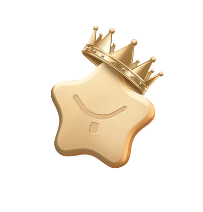 Golden star-shaped icon with a smiling face and a crown on top, set against a white background.