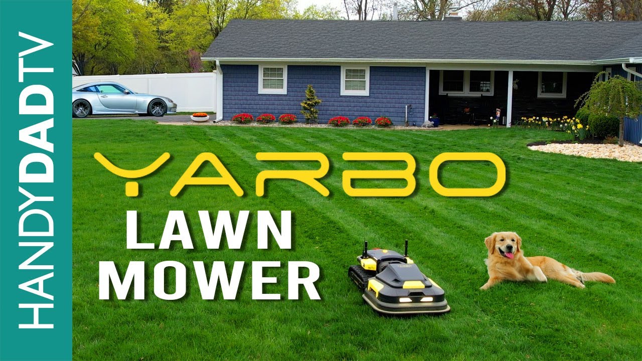 Yellow and black Yarbo robotic lawn mower on green lawn with golden retriever, blue house, and silver car in background.