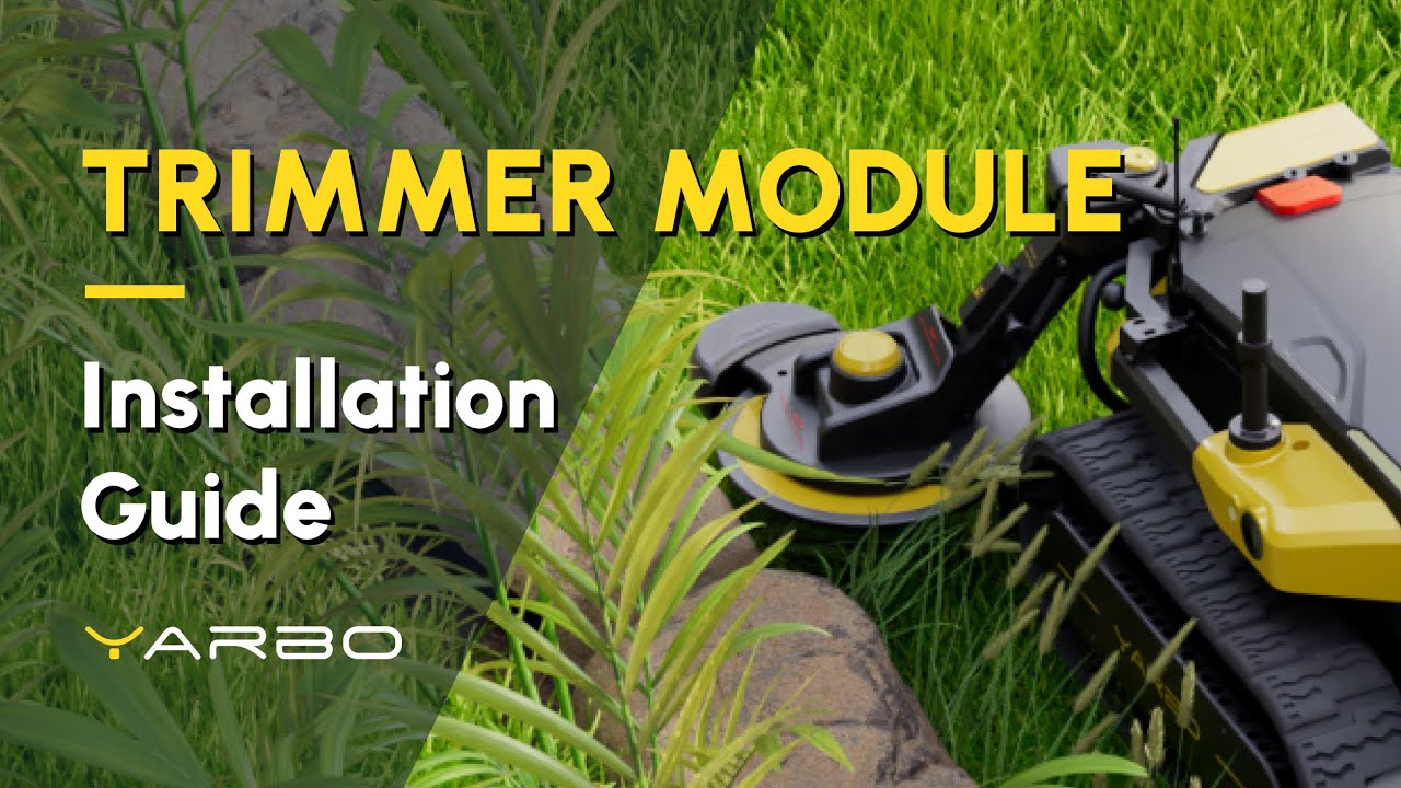Yellow and black trimmer module attached to robotic mower on grass, with "TRIMMER MODULE Installation Guide" text and YARBO logo.