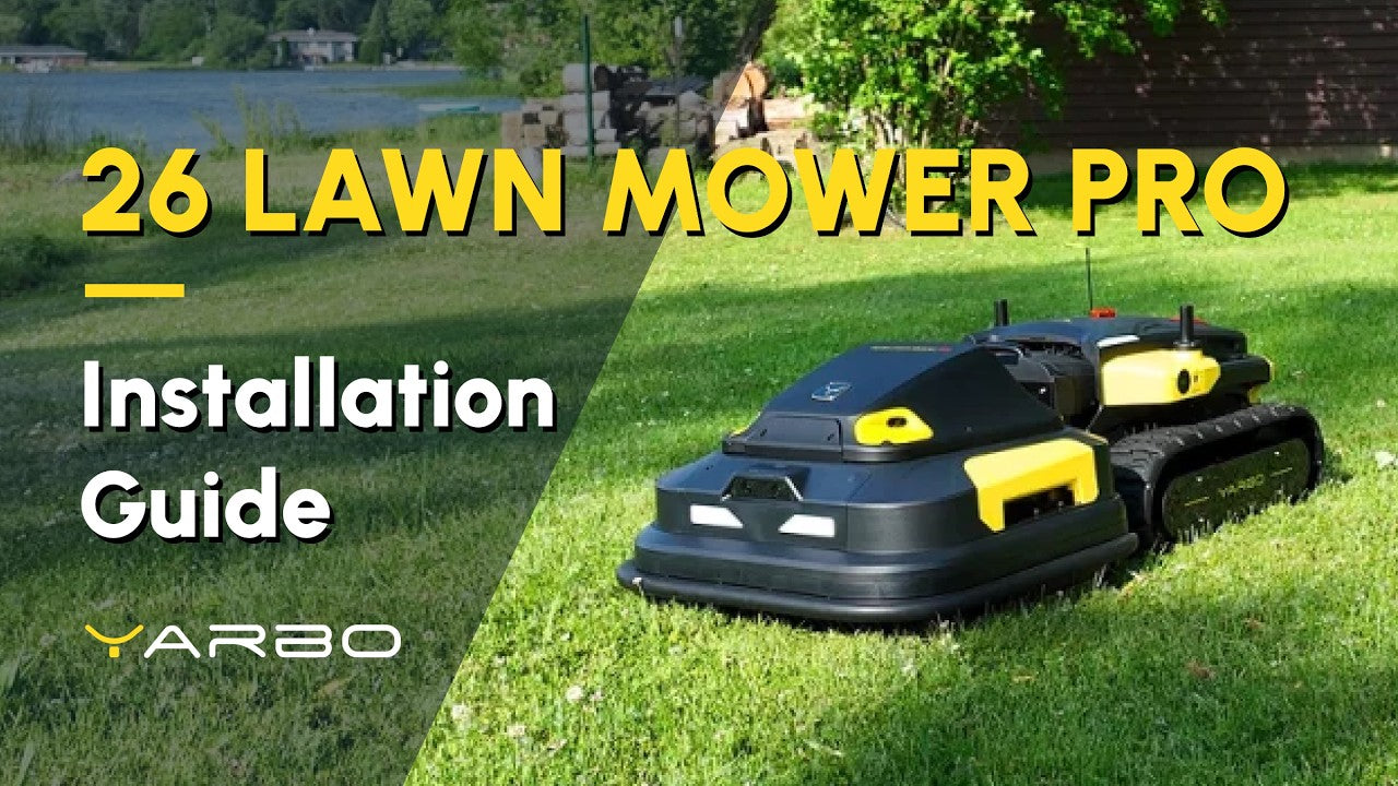Black and yellow YARBO 26 Lawn Mower Pro on green grass, installation guide text overlay, sunny outdoor setting.